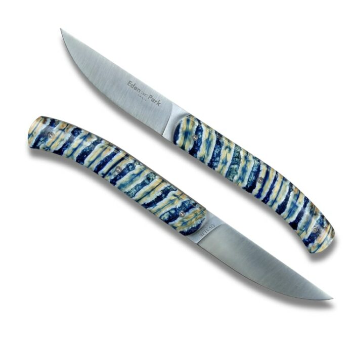 Couteau molaire de mammouth manche bleu côté